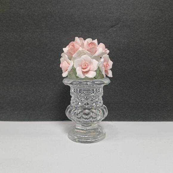 Waterford Crystal Mini Flower Bud Vase with Pink Porcelain Roses, 3" Tall - Picture 1 of 5